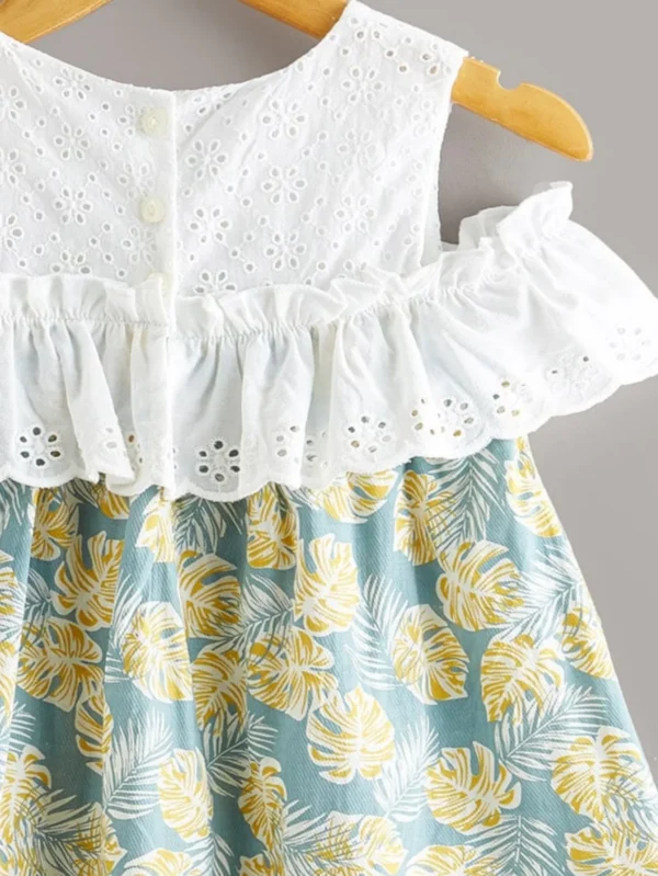 Girls summer fresh floral pattern dress - exquisite white hollow top splicing design - Image 3