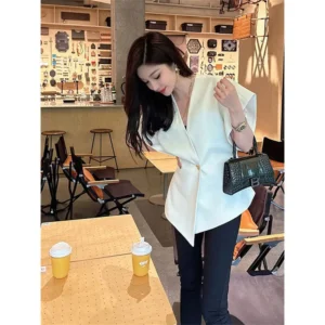 Summer French Asymmetric Blazer Vest Coat Women Drop Shoulder Sleeve Waistcoat One Button Waist Slim Fashion White Top - Image 7