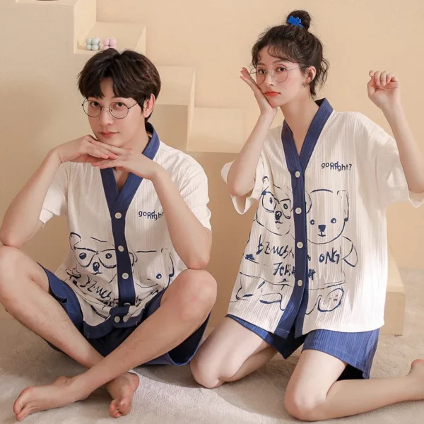Summer Couples Cotton Pajamas Sets Women Men Short Sleeve Shorts Pyjamas Sleepwear Cartoon Home Clothing Korean Lovers Homewear - Image 3