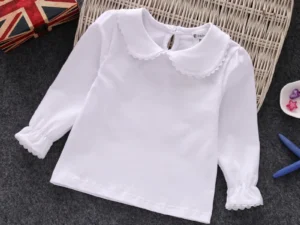 Fall Spring Little Girls Shirts Cotton Lace White Long Sleeve Child T-shirt Girls Kids Baby Toddler Tops and Blouses
