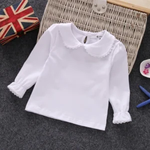 Fall Spring Little Girls Shirts Cotton Lace White Long Sleeve Child T-shirt Girls Kids Baby Toddler Tops and Blouses