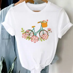 Fashion Women's T-shirt Floral Bicycle Print T-shirt Women's Cartoon Streetwear Tshirt Tops Aesthetic Clothes Oversized T Shirt - Image 7