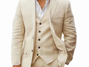 3 Piece Men's Linen Suit Beach Wedding Suit Summer Slim Fit Notch Lapel Jacket Groomsmen For Wedding/Psrty(Blazer+Vest+Pants)
