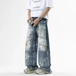 Mens Washed High Street Retro Pants Splashing Ink Color Piercing Printed Jeans High Street Trendy Brand Men Clothing Baggy Jeans - Image 4