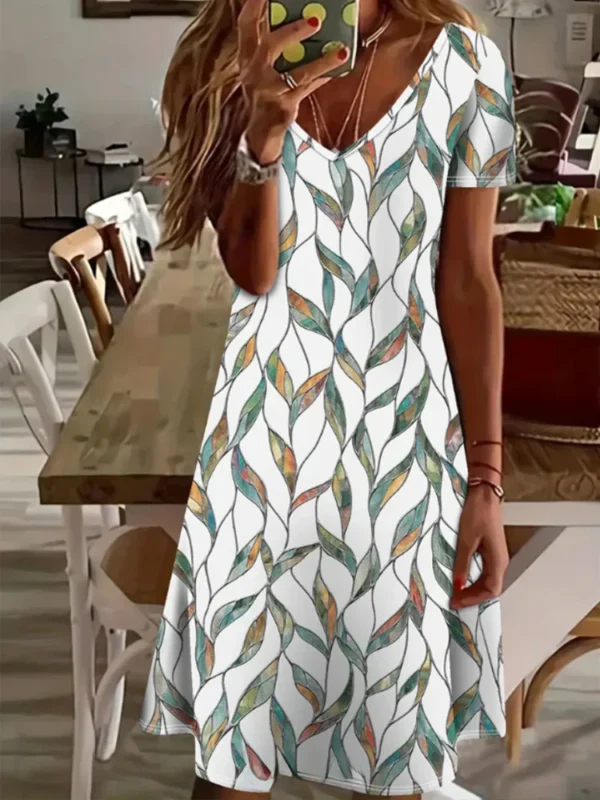 Casual Well-Fitted Printed Short Dress For Women Summer Elegant And Retro Lady's V-Neck Short-Sleeved Straight Knee-Length Dress - Image 6