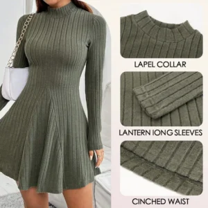 Mia Muse Women's Dresses Fall Winter Simple Solid Color Long Sleeve Mock Neck A Line High Waisted Flare Hem Casual Short Dresses - Image 4