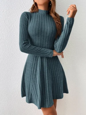 Mia Muse Women's Dresses Fall Winter Simple Solid Color Long Sleeve Mock Neck A Line High Waisted Flare Hem Casual Short Dresses - Image 6