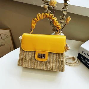 Straw Beach Bag for Women 2021 Summer Pleated Handle Luxury Designer Bag Contrast Color Crossbody Purse and Handbag Lady Bolsos - Image 5