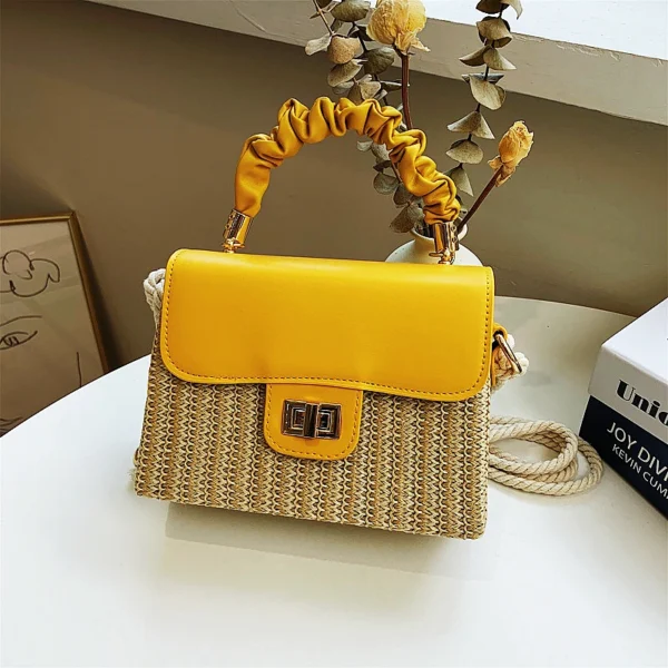 Straw Beach Bag for Women 2021 Summer Pleated Handle Luxury Designer Bag Contrast Color Crossbody Purse and Handbag Lady Bolsos - Image 5