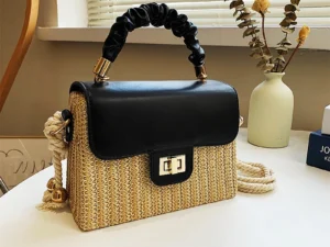 Straw Beach Bag for Women 2021 Summer Pleated Handle Luxury Designer Bag Contrast Color Crossbody Purse and Handbag Lady Bolsos