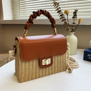Straw Beach Bag for Women 2021 Summer Pleated Handle Luxury Designer Bag Contrast Color Crossbody Purse and Handbag Lady Bolsos - Image 4