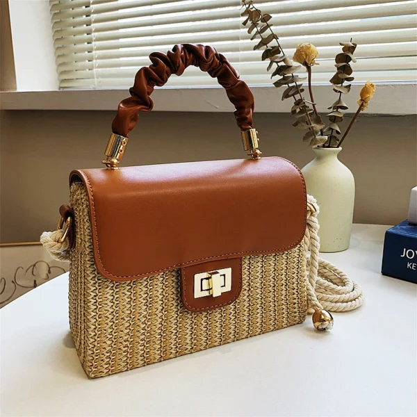 Straw Beach Bag for Women 2021 Summer Pleated Handle Luxury Designer Bag Contrast Color Crossbody Purse and Handbag Lady Bolsos - Image 4