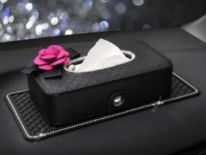 Crystal Car Tissue Box Camellia Flower PU Leather Auto Tissue Bag Seat Back Headrest Hanging Holder Case For Car Accessories