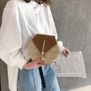 Hexagon Mulit Style Straw+leather Handbag Women Summer Rattan Bag Handmade Woven Beach Circle Bohemia Shoulder Bag - Image 4