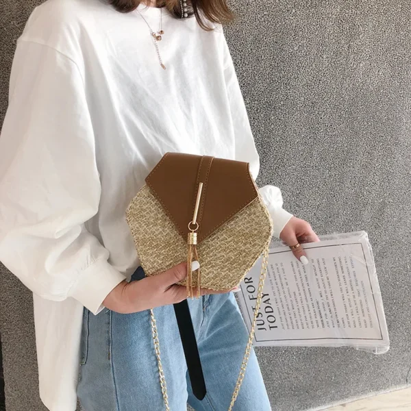 Hexagon Mulit Style Straw+leather Handbag Women Summer Rattan Bag Handmade Woven Beach Circle Bohemia Shoulder Bag - Image 4