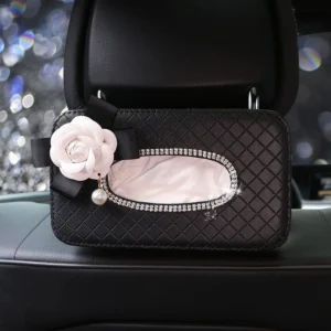 Crystal Car Tissue Box Camellia Flower PU Leather Auto Tissue Bag Seat Back Headrest Hanging Holder Case For Car Accessories - Image 4