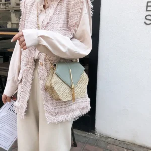 Hexagon Mulit Style Straw+leather Handbag Women Summer Rattan Bag Handmade Woven Beach Circle Bohemia Shoulder Bag - Image 3