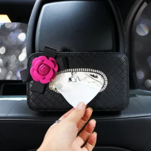 Crystal Car Tissue Box Camellia Flower PU Leather Auto Tissue Bag Seat Back Headrest Hanging Holder Case For Car Accessories - Image 5
