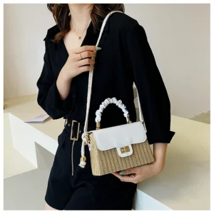 Straw Beach Bag for Women 2021 Summer Pleated Handle Luxury Designer Bag Contrast Color Crossbody Purse and Handbag Lady Bolsos - Image 6