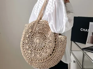 Summer Round Straw Women Vacation Woven Beach Shoulder Bag Large Capacity Hollow Out Simple Tote Bag