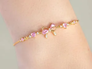 Y2K Exquisite Sweet Pink Zircon Bowknot Love Heart Chain Bracelet For Women Girls Party Birthday Jewelry Gift
