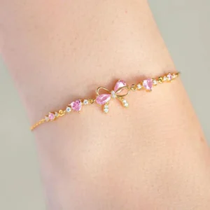 Y2K Exquisite Sweet Pink Zircon Bowknot Love Heart Chain Bracelet For Women Girls Party Birthday Jewelry Gift