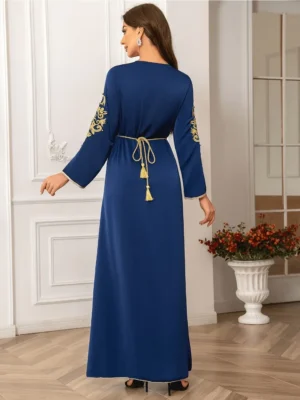 Eid Muslim Dress for Women Abaya Beading V Neck Lace-up Jalabiya Party Dresses Kaftan Vestidos Largos Long Robe Arab Dubai 2024 - Image 4