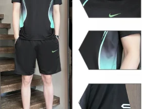 Nike Sports Suit Men and Women Embroidery Polyester Fiber Regular Fit Short Sleeved and Shorts Two-piece Set Black Green