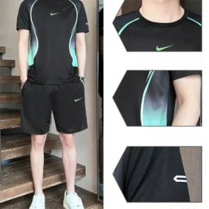 Nike Sports Suit Men and Women Embroidery Polyester Fiber Regular Fit Short Sleeved and Shorts Two-piece Set Black Green