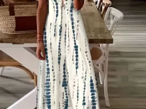 Women's Casual Loose V-neck Tie Dye Printed Spaghetti Maxi Dress Summer Beach Vacation Long Dress