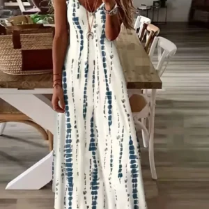 Women's Casual Loose V-neck Tie Dye Printed Spaghetti Maxi Dress Summer Beach Vacation Long Dress