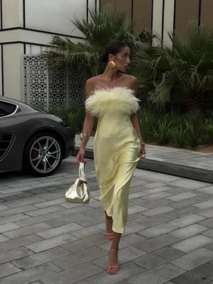 Elegant Yellow Satin Feather Long Vestido Women Sexy Strapless Backless Off Shoulder Slim Fit Dresses 2025 New Party Street Gown - Image 5