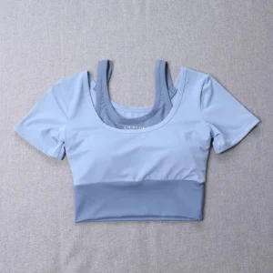 Women's 2-in-1 Built-in Bra Tight Yoga Top Quick-Dry Cropped Workout Shirt Summer Fitness Training Short Sleeve - Image 3