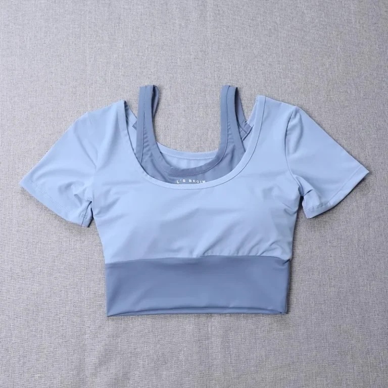 Women's 2-in-1 Built-in Bra Tight Yoga Top Quick-Dry Cropped Workout Shirt Summer Fitness Training Short Sleeve - Image 3