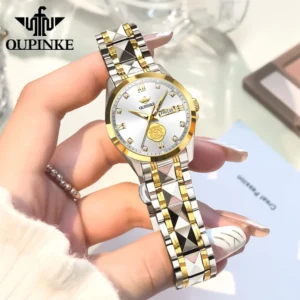 OUPINKE 3305 Womens Watch Luxury Mechanical Watch Tungsten Steel 50M Waterproof Day Date Watch Real Diamond Luck Watch Set - Image 3