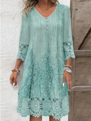 Button V-neck Short Sleeved Lace Printed Women's Dress Elegant Casual Fashionable High Street Spring Dresses - Image 3