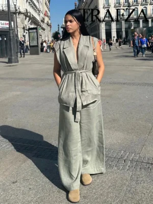 Trafza Frauen 2 Stück Set Mode Revers ärmellose Westen schlanke Gürtel Weste Top Vintage Kordel zug hohe Taille lässig weites Bein Hose - Image 3
