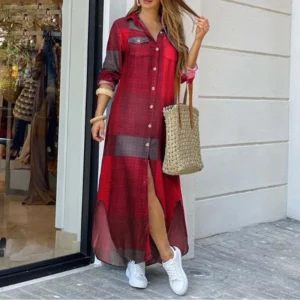 Long Sleeve Dress Plaid Robe Maxi Beach Dress Summer Elegant Women Button Irregular Shirt Dress Split Print Lapel Party Robe - Image 6