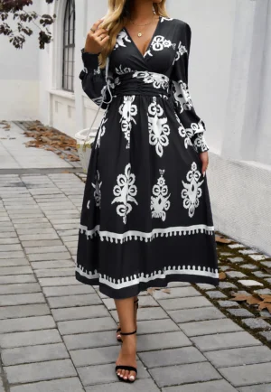 Vintage Printed Dresses For Women 2024 New Spring Autumn Midi Dress V-neck Long Sleeve Casual A-Line Hem Holiday Dress - Image 7