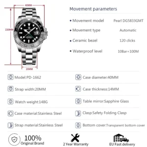 PAGANI DESIGN GMT Watches Men's Luxury Automatic Mechanical Wristwatch Sapphire Glass 40MM Stainless Steel Waterproof Watch - Image 7