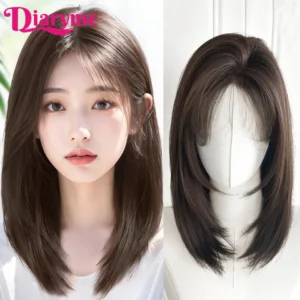 Short Straight Synthetic Wig Women's Long Hair Forehead Lace Bangs Clavicle Hair Middle-part Lace Front Wig Female Lolita Wigs