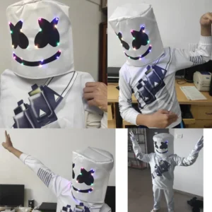 LED Marshmallow Boys Girls Mask For Dance Clown Cosplay Clothes Halloween Christmas Costume Party Game Fortnites Costumes Suit - Image 3