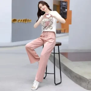 Fashionable Women's Summer Outfit 2023 Korean Style Short Sleeve Top And Wide Leg Pants Casual Two Piece Set Elegant Leisure - Image 4