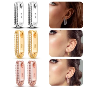 2024 NEW 925 Sterling Silver rectangular Hoop Earrings Inlaid Zircon Golden Earrings For Women Wedding Gift Luxury Jewelry