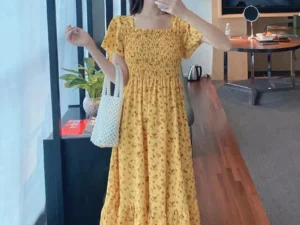 2025 New Spring Summer Dress Women Mini Dresses Female Short Sleeve Elastic Bust Printed Floral Pleated Backless Casual Dress