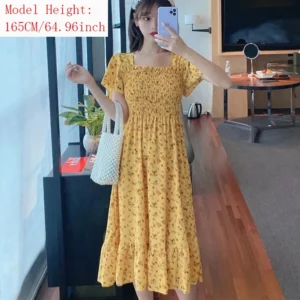 2025 New Spring Summer Dress Women Mini Dresses Female Short Sleeve Elastic Bust Printed Floral Pleated Backless Casual Dress