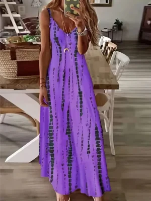 Women's Casual Loose V-neck Tie Dye Printed Spaghetti Maxi Dress Summer Beach Vacation Long Dress - Image 4