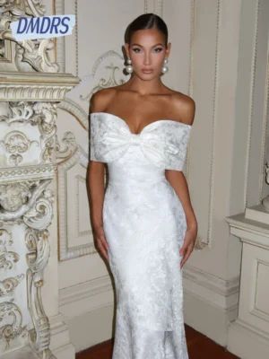 White Lace Delicate Evening Dress Customized Women Bow Wedding Party Off Shoulder Dreamy Engagement Prom Wear Mermaid Newest