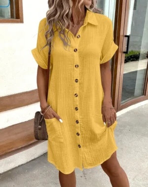 Vintage Women Solid Mini Dress Summer Fashion V-neck Three Quater Sleeve Cotton Linen Dress Ladies Casual Holiday Vestidos - Image 6