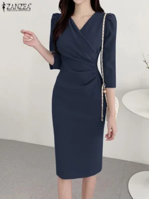 ZANZEA Summer Fashion Womens Dress Sexy Solid Color Knee Length Bodycon Sundress Elegant 3/4 Sleeve V-Neck Work OL Vestidos 2025 - Image 4
